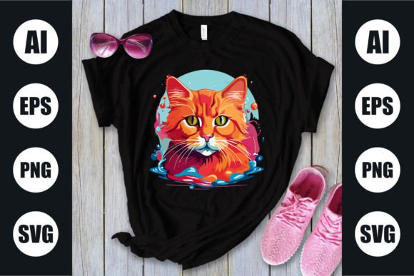 Cute Cat T Shirt Design Water Color Graphics Freebies